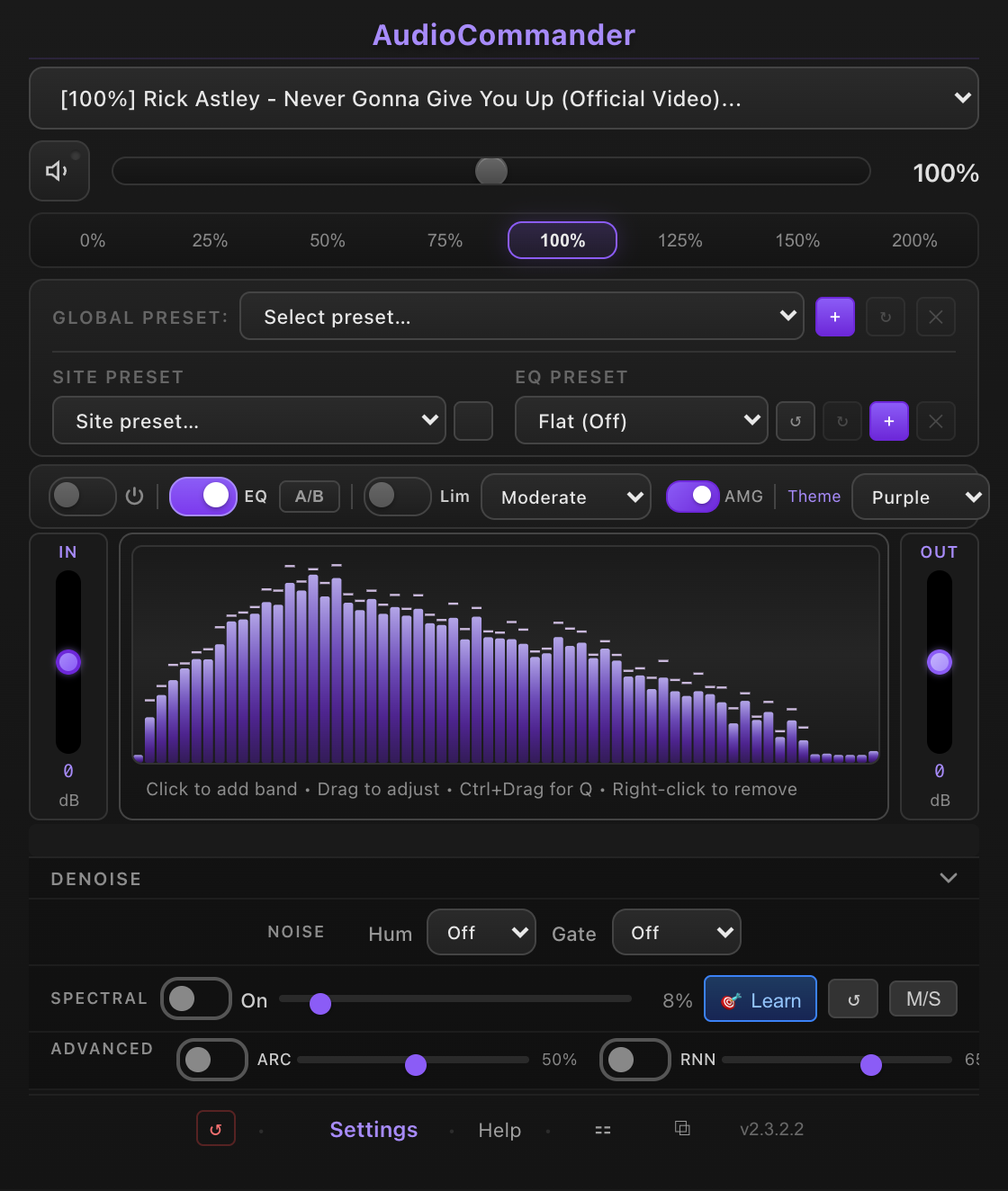 Main popup with live EQ and spectrum