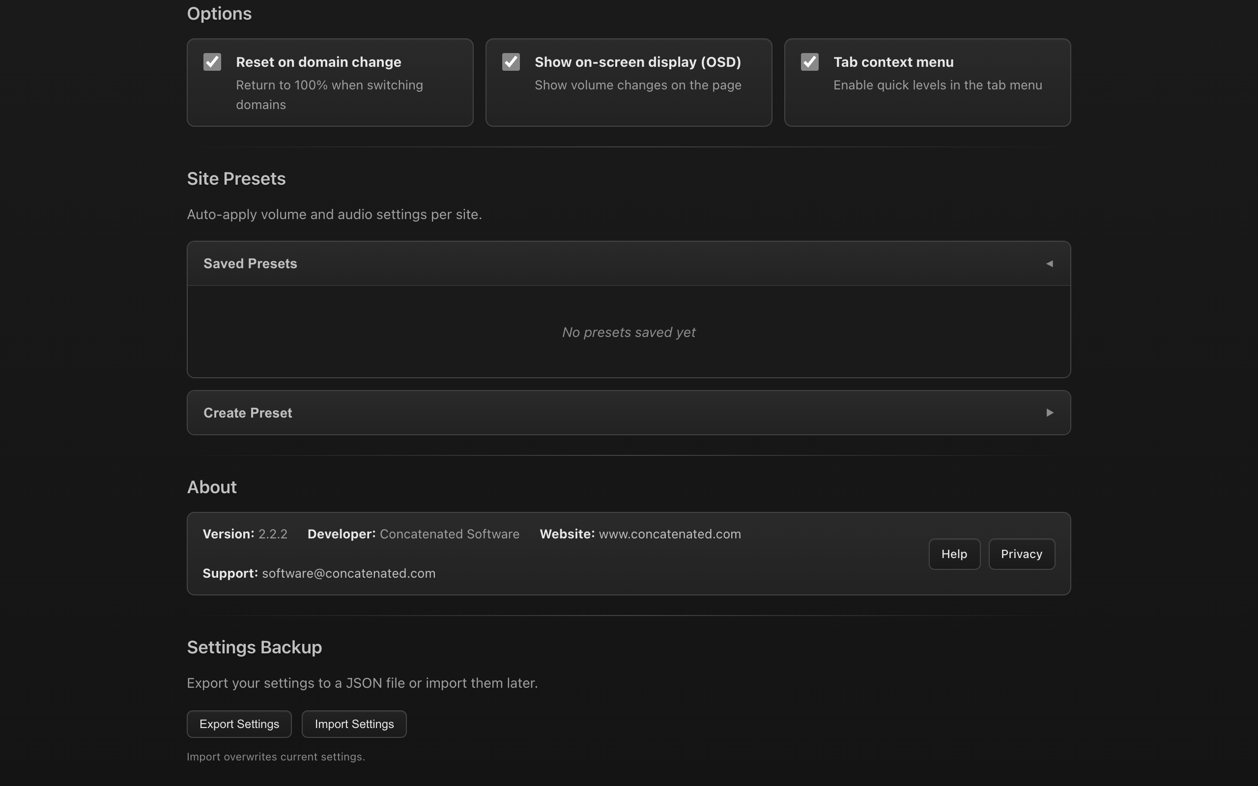 Audio options and settings